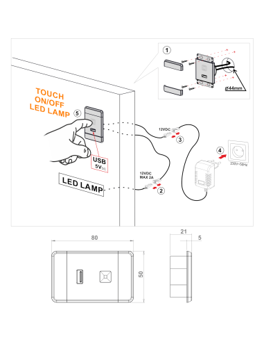 USB SWITCH ALUMINUM | Light switch with USB port | Voltage 12V