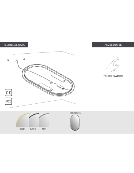 SP19 ORO | Specchio da Parete LED Ovale | Accensione Touch | Dimensioni 50x90cm | Luce: NW