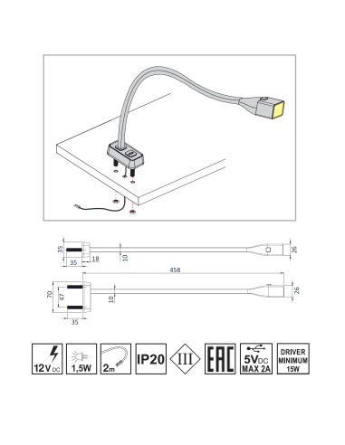 FLEXI-S USBC BLACK  | Lampada LED Flessibile + Attacco USBC | Lampada: Nera | Luce: Naturale | Voltaggio: 12V