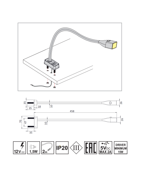 FLEXI-S USBC BLACK  | Lampada LED Flessibile + Attacco USBC | Lampada: Nera | Luce: Naturale | Voltaggio: 12V