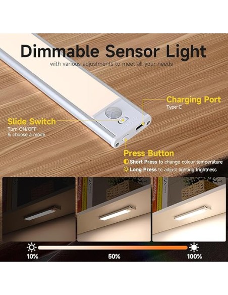 BOSTON 2 ALLUMINIO | Lampada LED Magnetica + Sensore PIR | Ricaricabile MICRO USB | Lunghezza 20 cm