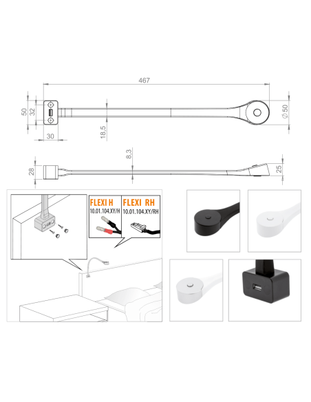 FLEXI-RH USB WHITE | Flexible LED Lamp with USB port | Lamp: White | Light: Natural | Voltage: 12 V