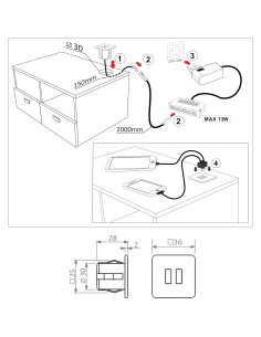 USB/S CHARGER SQUARE | Double recessed USB socket | Color: White | USB Charger | Voltage 12V 2