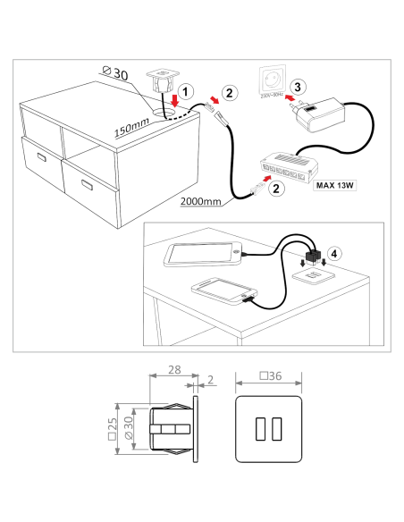 USB/S CHARGER QUADRATO | Doppia presa USB ad incasso | Colore: Bianco | Caricatore USB | Voltaggio 12V