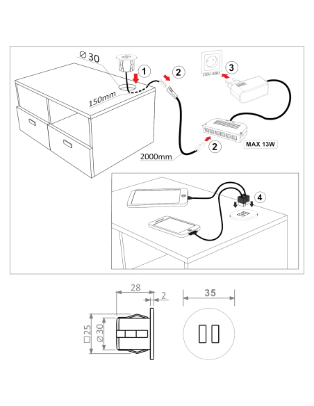 USB/R ROUND USB CHARGER | Double recessed USB socket | Color: Black | USB Charger | Voltage 12V