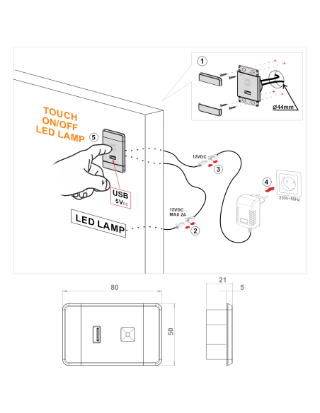 USB SWITCH BLACK | Light switch with USB port | Voltage 12V
