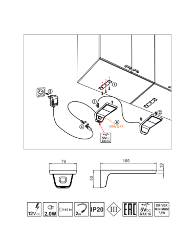 LENA 2 USB WHITE/ALUMINUM | LED Lamp + USB | White-Aluminum | Light: Cold Light | Voltage: 12V