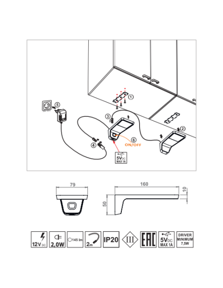 LENA 2 USB WHITE/ALUMINUM | LED Lamp + USB | White-Aluminum | Light: Cold Light | Voltage: 12V