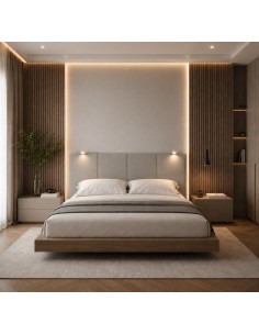 TESTIERA | Spalliera in Ecopelle con 2 Lampade a Led Touch | Colore Grigio | Cuciture Righe | Dimensioni L.160 H.60