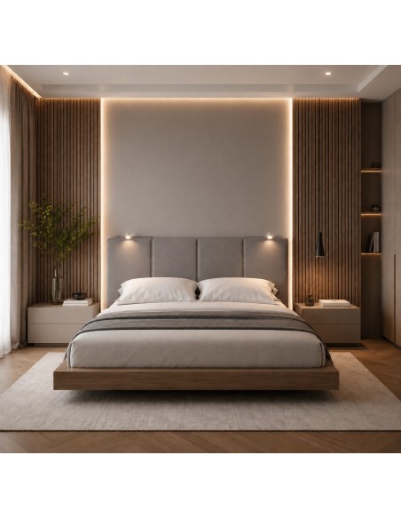 TESTIERA | Spalliera in Ecopelle con 2 Lampade a Led Touch | Colore Taupe | Cuciture Righe | Dimensioni L.160 H.60