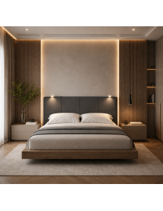 TESTIERA | Spalliera in Ecopelle con 2 Lampade a Led Touch | Colore Grigio Scuro | Cuciture Righe | Dimensioni L.180 H.80