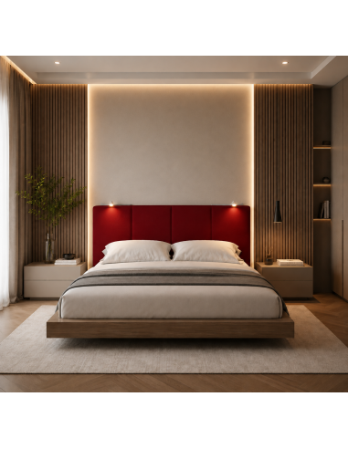 TESTIERA | Spalliera in Ecopelle con 2 Lampade a Led Touch | Colore Rosso | Cuciture Righe | Dimensioni L.180 H.80