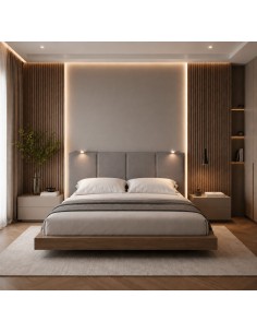 TESTIERA | Spalliera in Ecopelle con 2 Lampade a Led Touch | Colore Taupe | Cuciture Righe | Dimensioni L.180 H.80