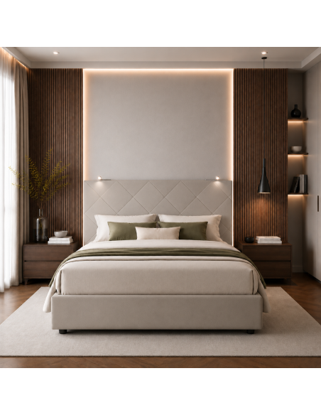 TESTIERA | Spalliera in Ecopelle con 2 Lampade a Led Touch | Colore Grigio | Cuciture Rombi | Dimensioni L.180 H.80