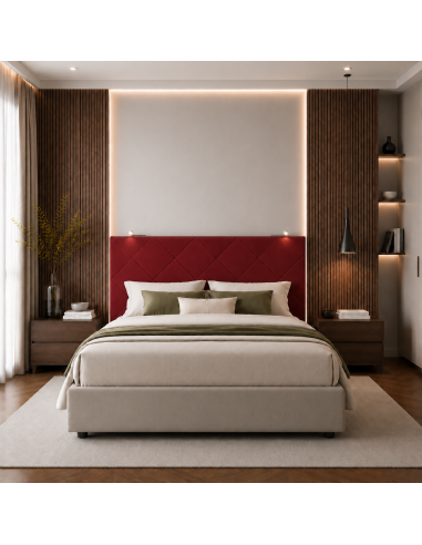 TESTIERA | Spalliera in Ecopelle con 2 Lampade a Led Touch | Colore Rosso | Cuciture Rombi | Dimensioni L.180 H.80