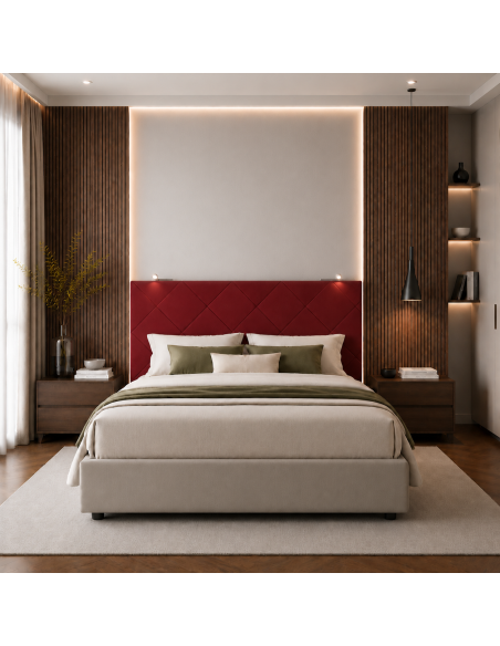 TESTIERA | Spalliera in Ecopelle con 2 Lampade a Led Touch | Colore Rosso | Cuciture Rombi | Dimensioni L.180 H.80