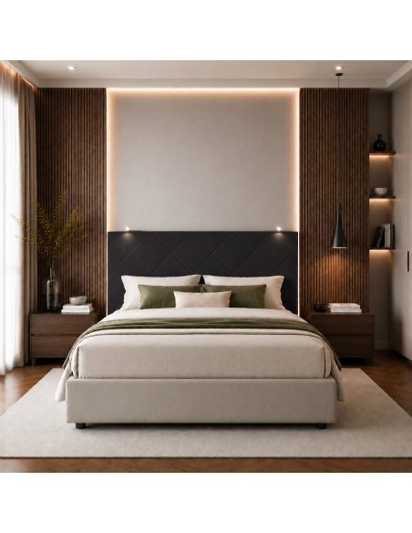 TESTIERA | Spalliera in Ecopelle con 2 Lampade a Led Touch | Colore Nero | Cuciture Rombi | Dimensioni L.180 H.80