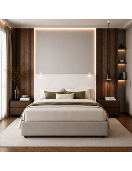 TESTIERA | Spalliera in Ecopelle con 2 Lampade a Led Touch | Colore Bianco | Cuciture Rombi | Dimensioni L.180 H.80