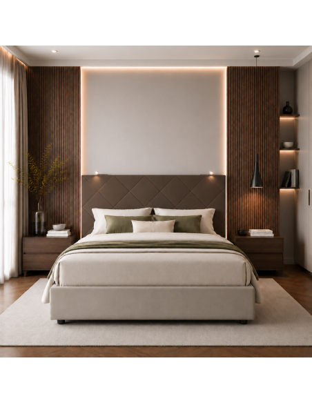 TESTIERA | Spalliera in Ecopelle con 2 Lampade a Led Touch | Colore Elephant | Cuciture Rombi | Dimensioni L.160 H.60