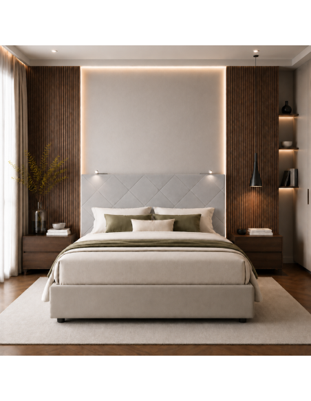 TESTIERA | Spalliera in Ecopelle con 2 Lampade a Led Touch | Colore Surf Ice | Cuciture Rombi | Dimensioni L.160 H.60