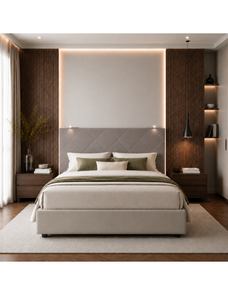 TESTIERA | Spalliera in Ecopelle con 2 Lampade a Led Touch | Colore Taupe | Cuciture Rombi | Dimensioni L.180 H.80