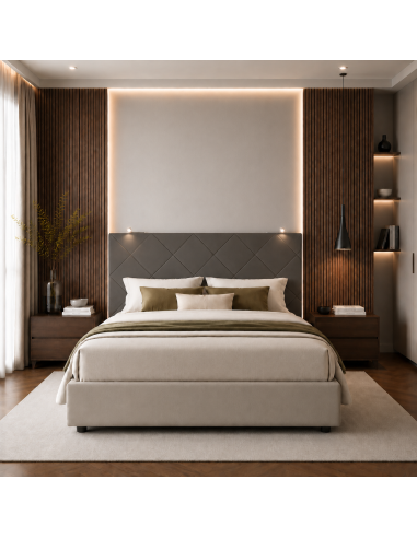 TESTIERA | Spalliera in Ecopelle con 2 Lampade a Led Touch | Colore Grigio Scuro | Cuciture Rombi | Dimensioni L.160 H.60