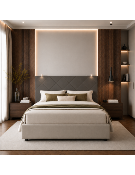 TESTIERA | Spalliera in Ecopelle con 2 Lampade a Led Touch | Colore Grigio Scuro | Cuciture Rombi | Dimensioni L.180 H.80