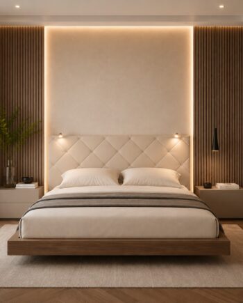 TESTIERA | Spalliera in Ecopelle con 2 Lampade a Led Touch | Colore Avorio | Cuciture Rombi | Dimensioni L.160 H.60 |
