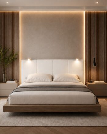 TESTIERA | Spalliera in Ecopelle con 2 Lampade a Led Touch | Colore Bianco | Cuciture Righe | Dimensioni L.160 H.60 |