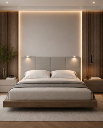 TESTIERA | Spalliera in Ecopelle con 2 Lampade a Led Touch | Colore Grigio | Cuciture Righe | Dimensioni L.160 H.60 |