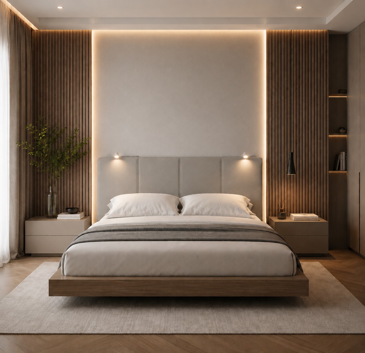 TESTIERA | Spalliera in Ecopelle con 2 Lampade a Led Touch | Colore Grigio | Cuciture Righe | Dimensioni L.160 H.60 |