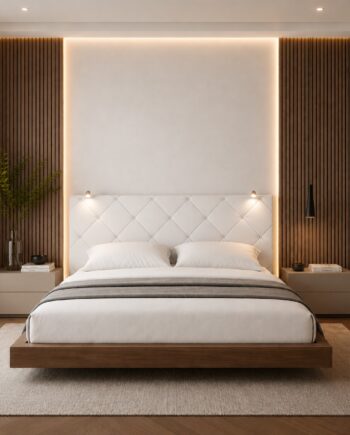 TESTIERA | Spalliera in Ecopelle con 2 Lampade a Led Touch | Colore Bianco | Cuciture Rombi | Dimensioni L.180 H.80 |