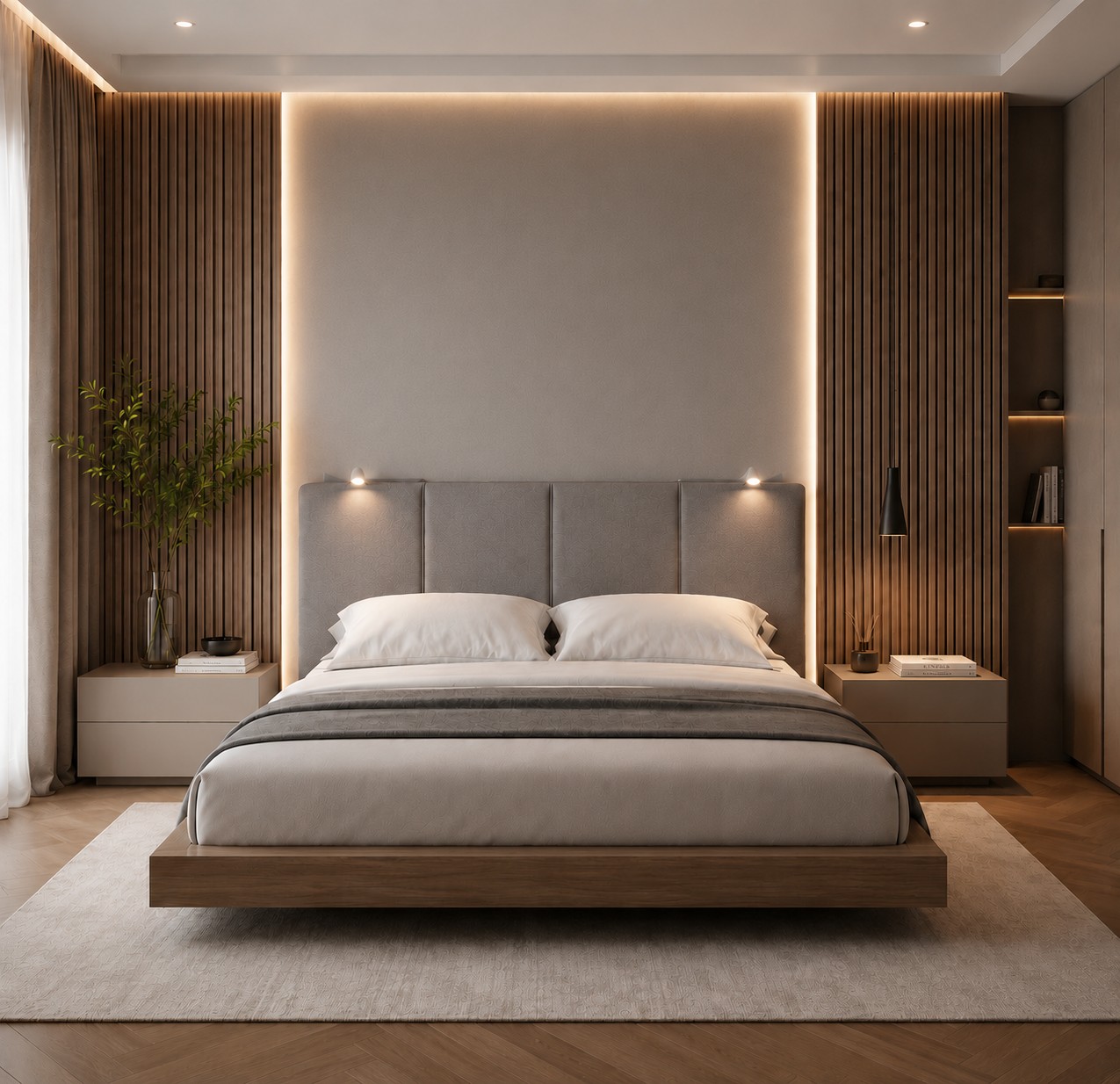 TESTIERA | Spalliera in Ecopelle con 2 Lampade a Led Touch | Colore Taupe | Cuciture Righe | Dimensioni L.160 H.60 |