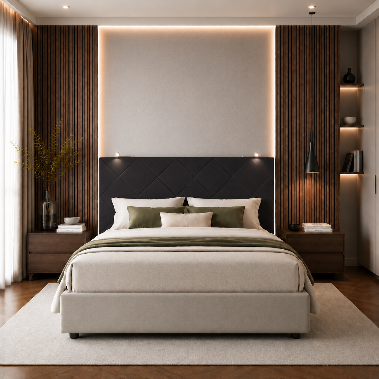 TESTIERA | Spalliera in Ecopelle con 2 Lampade a Led Touch | Colore Nero | Cuciture Rombi | Dimensioni L.160 H.60 |