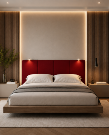 TESTIERA | Spalliera in Ecopelle con 2 Lampade a Led Touch | Colore Rosso | Cuciture Righe | Dimensioni L.180 H.80 |
