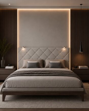 TESTIERA | Spalliera in Ecopelle con 2 Lampade a Led Touch | Colore Grigio | Cuciture Rombi | Dimensioni L.180 H.80 |