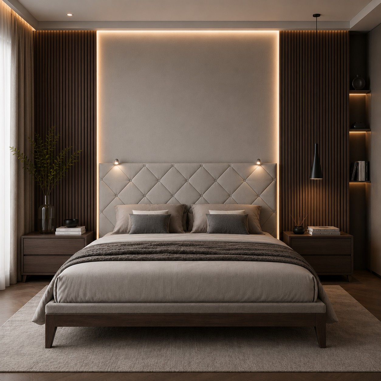 TESTIERA | Spalliera in Ecopelle con 2 Lampade a Led Touch | Colore Grigio | Cuciture Rombi | Dimensioni L.160 H.60 |