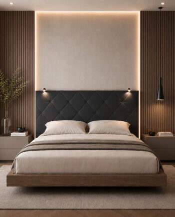 TESTIERA | Spalliera in Ecopelle con 2 Lampade a Led Touch | Colore Nero | Cuciture Rombi | Dimensioni L.160 H.60 |