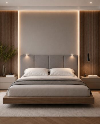 TESTIERA | Spalliera in Ecopelle con 2 Lampade a Led Touch | Colore Taupe | Cuciture Righe | Dimensioni L.180 H.80 |