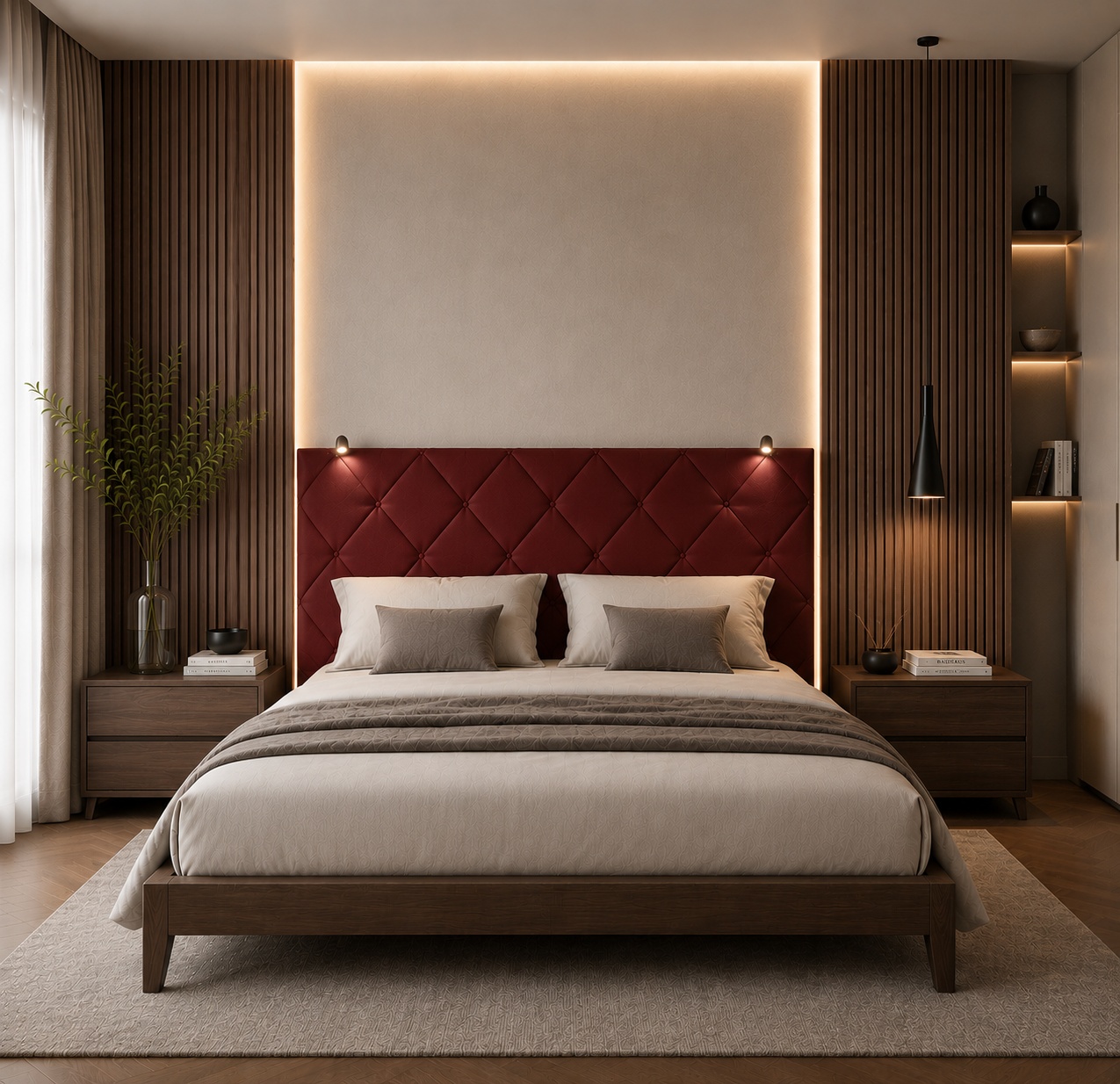 TESTIERA | Spalliera in Ecopelle con 2 Lampade a Led Touch | Colore Rosso | Cuciture Rombi | Dimensioni L.180 H.80 |