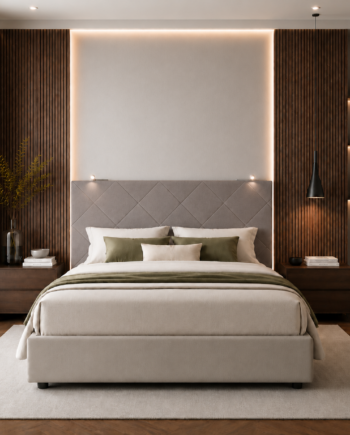 TESTIERA | Spalliera in Ecopelle con 2 Lampade a Led Touch | Colore Taupe | Cuciture Rombi | Dimensioni L.180 H.80 |
