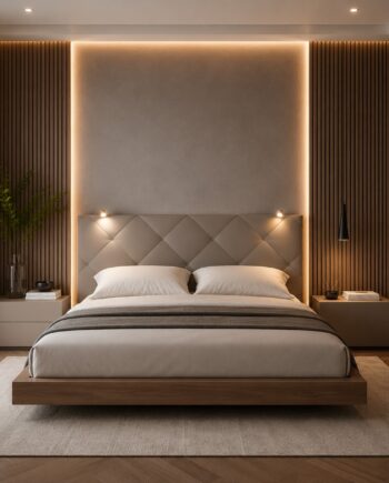 TESTIERA | Spalliera in Ecopelle con 2 Lampade a Led Touch | Colore Taupe | Cuciture Rombi | Dimensioni L.180 H.80 |