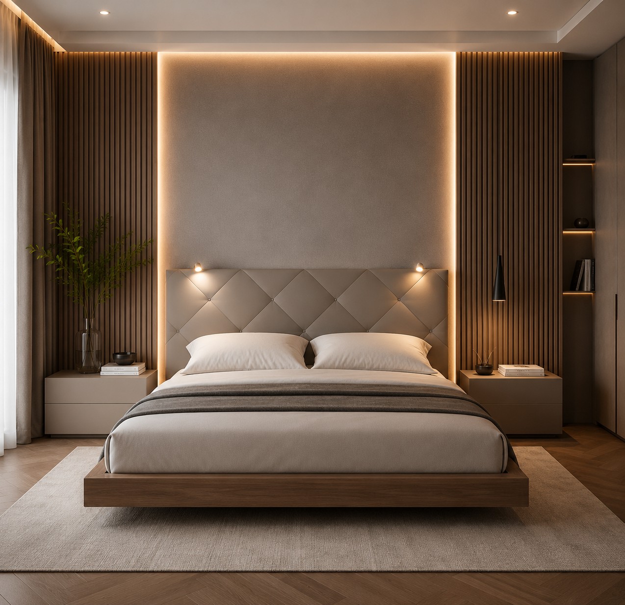 TESTIERA | Spalliera in Ecopelle con 2 Lampade a Led Touch | Colore Taupe | Cuciture Rombi | Dimensioni L.160 H.60 |