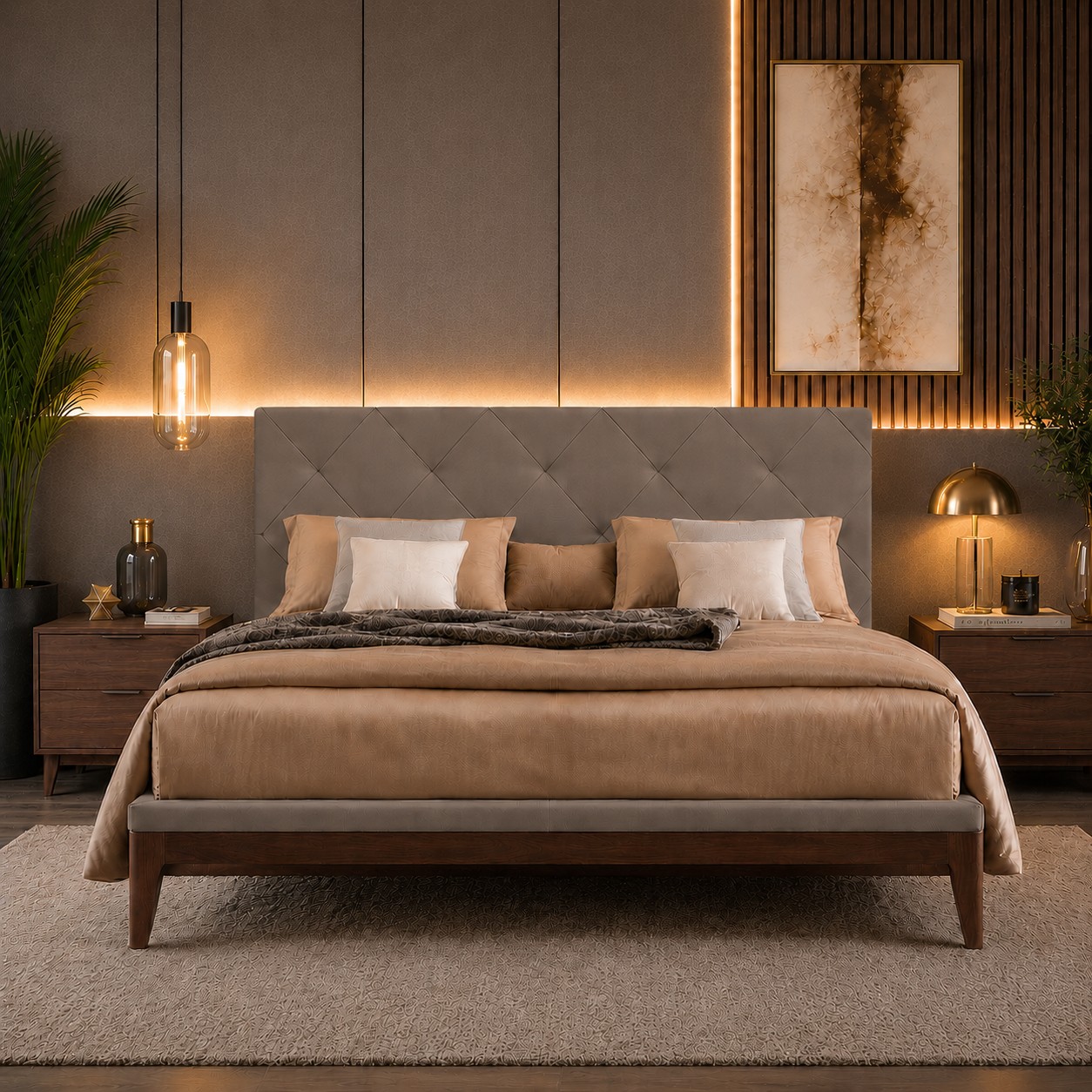 TESTIERA | Spalliera in Ecopelle | Colore Taupe | Cuciture Rombi | Dimensioni L.160 H.60 |