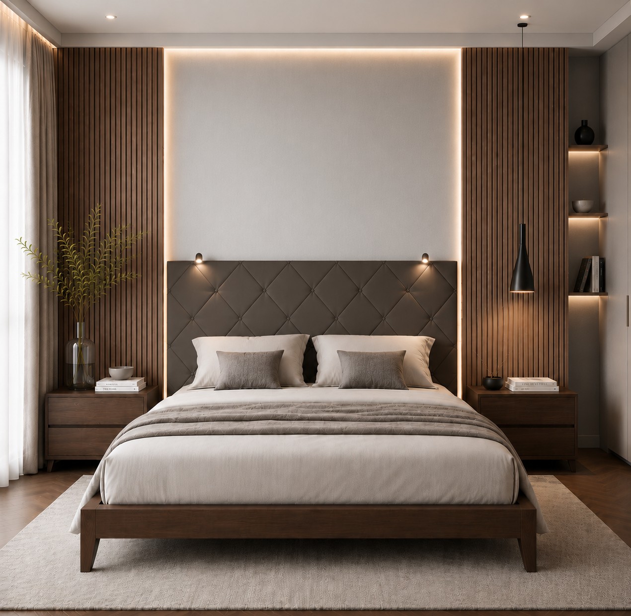 TESTIERA | Spalliera in Ecopelle con 2 Lampade a Led Touch | Colore Grigio Scuro | Cuciture Rombi | Dimensioni L.160 H.60 |