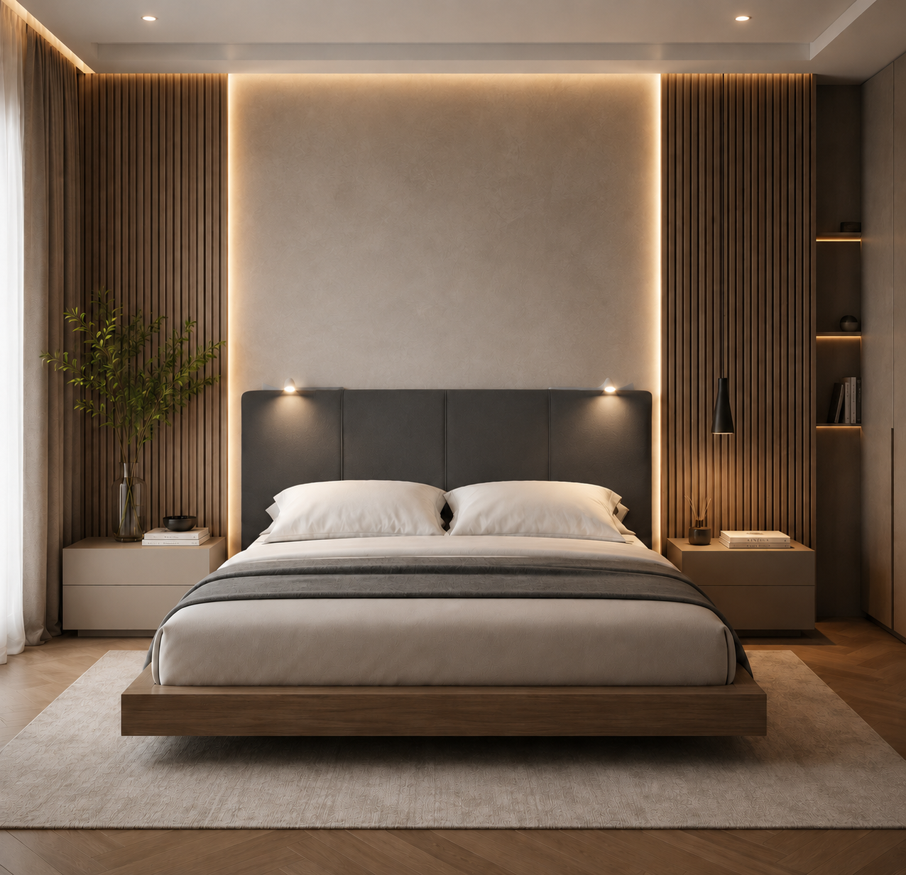 TESTIERA | Spalliera in Ecopelle con 2 Lampade a Led Touch | Colore Grigio Scuro | Cuciture Righe| Dimensioni L.160 H.60 |