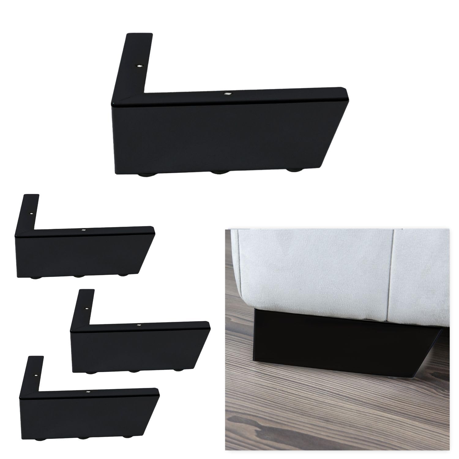 ERONE NEW | SET 4 Piedi e 16 viti | Nero Opaco | H.6,5 L.19x19 | Piedini per letti e poltrone |