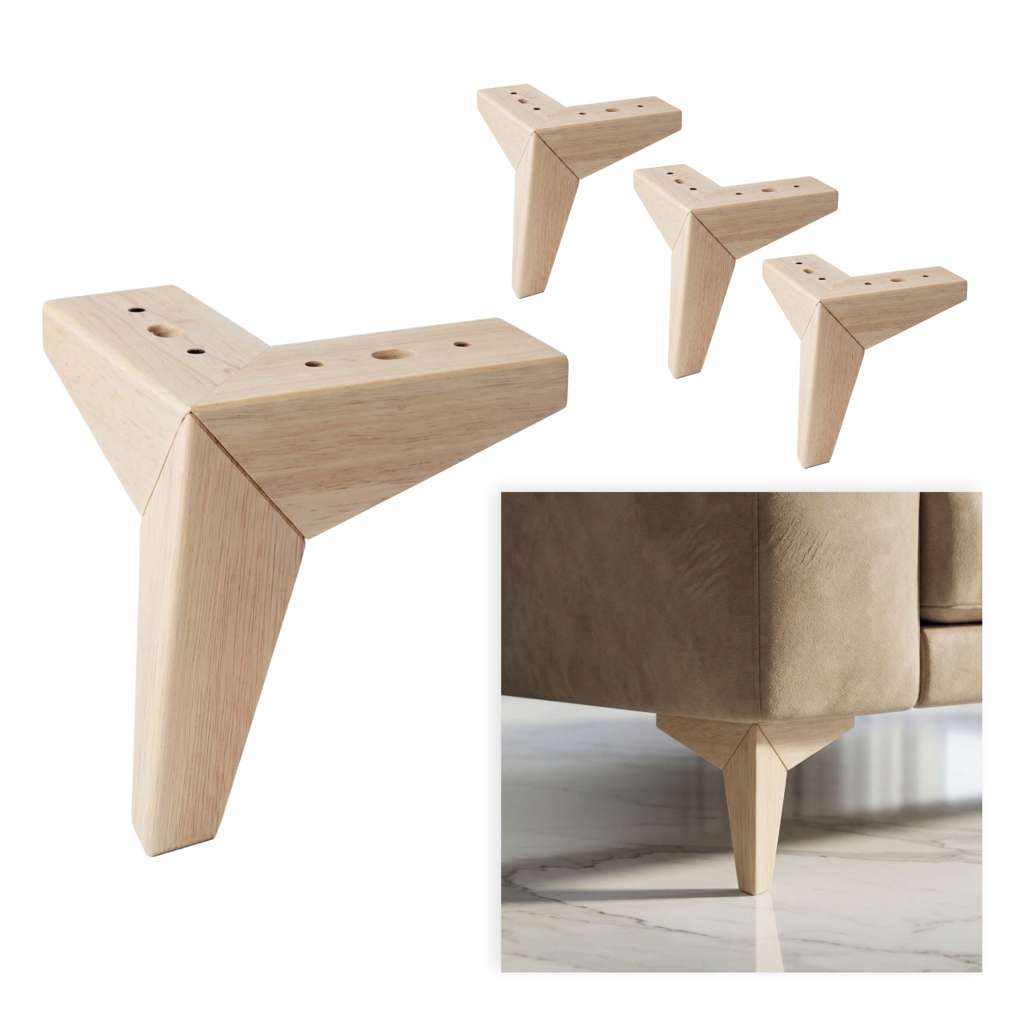 ROCK | SET 4 Piedi in Legno | Colore Naturale | Altezza 13,5 cm | Gambe in Legno per divani e mobili |