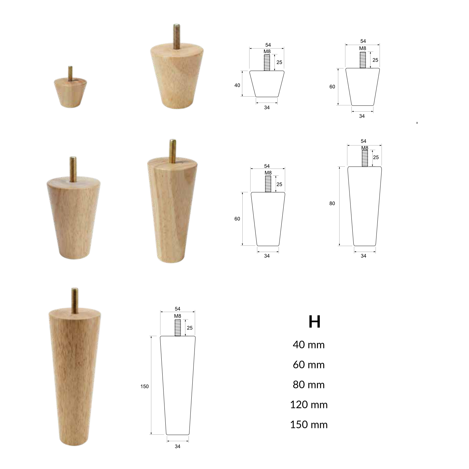 AXEL | SET 4 Piedi in Legno | Colore Naturale | Altezza 12 cm | Gambe in Legno per divani e mobili |