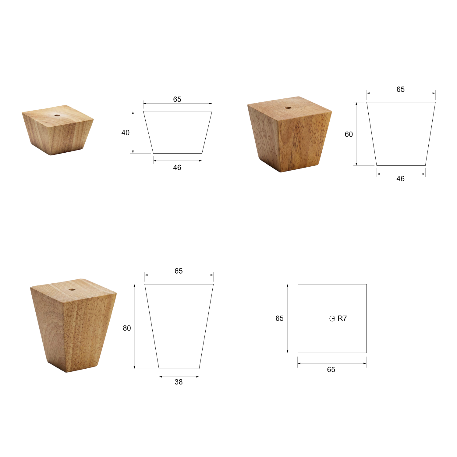 CUBA | SET 4 Piedi in Legno | Colore Naturale | Altezza 8 cm | Gambe in Legno per divani e mobili |